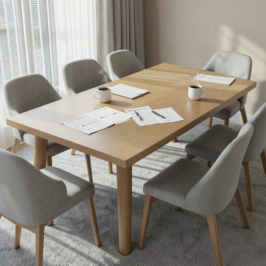 Hotel meeting table with printed occupancy charts and coffee cups