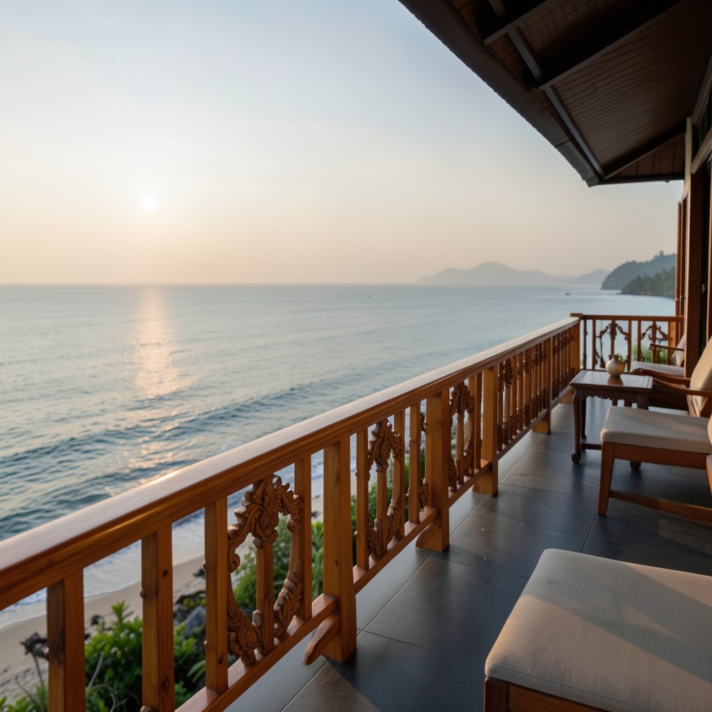 Coastal resort balcony overlooking calm water at late afternoon