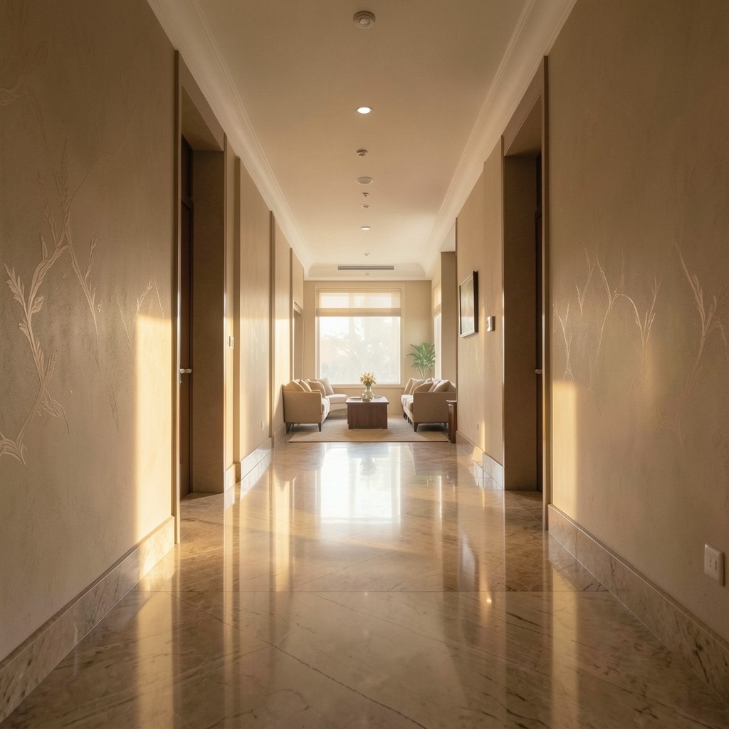 Bangkok hotel corridor with morning light near the lobby