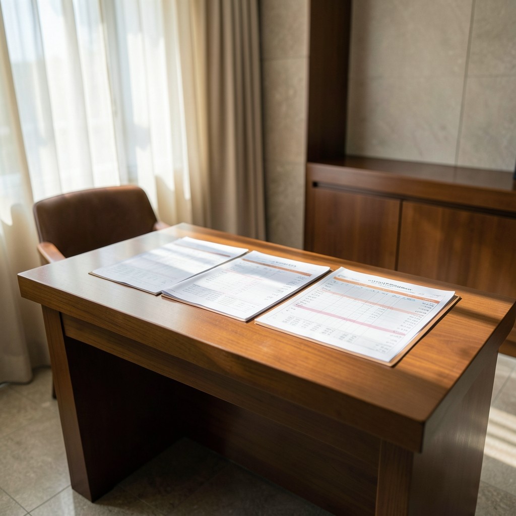 Quiet hotel revenue office with printed occupancy sheets on a wooden desk