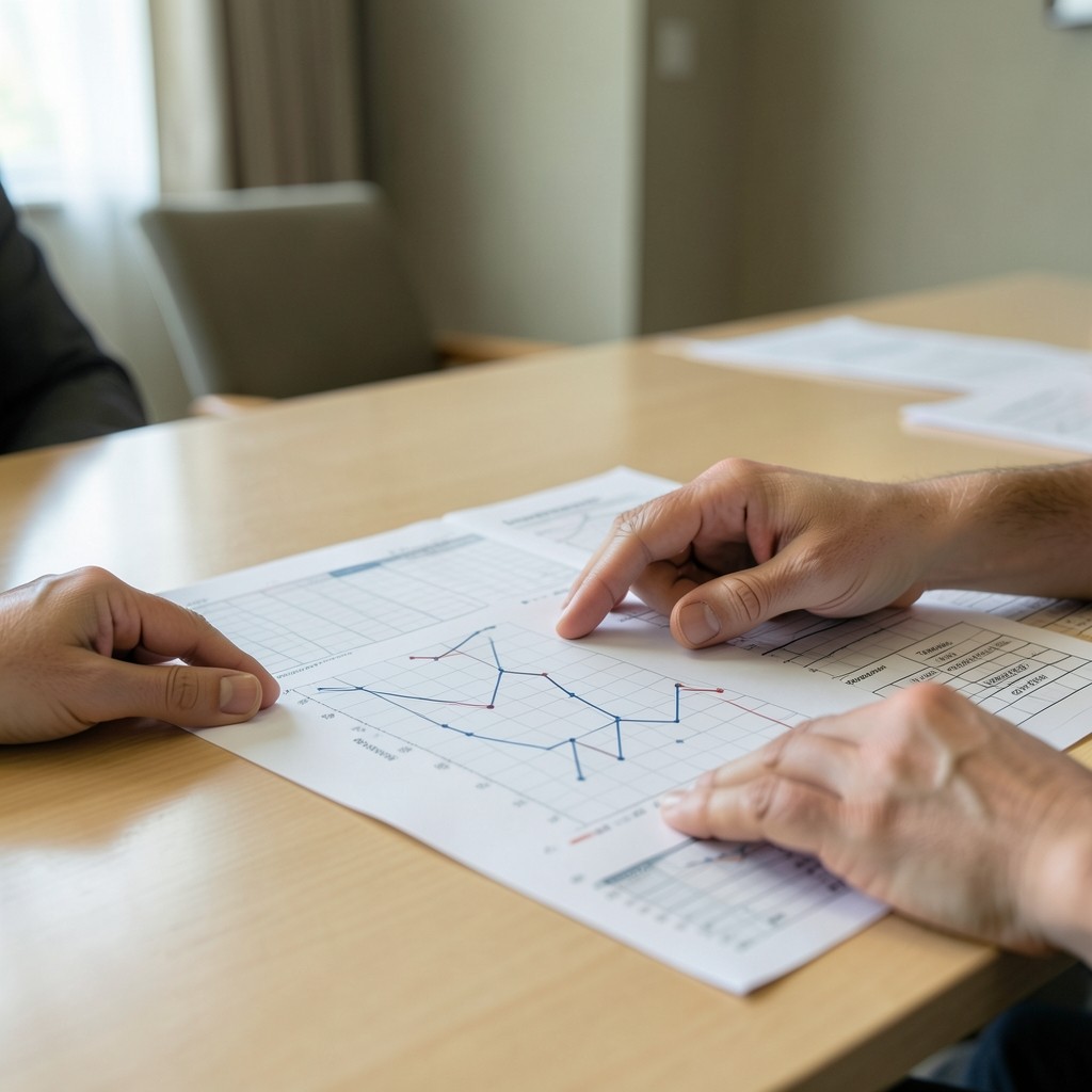 Hands arranging printed occupancy charts on a light meeting table