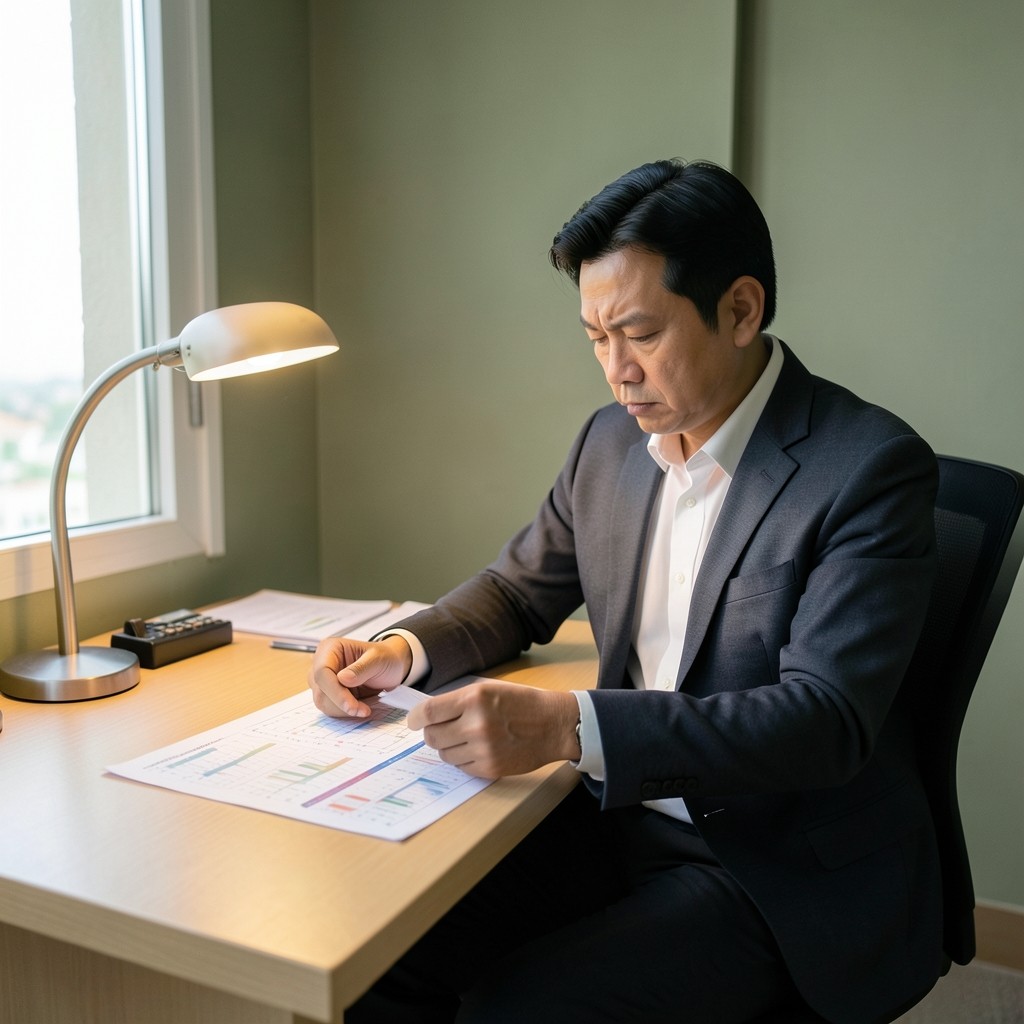 Revenue manager reviewing hotel occupancy charts at a desk