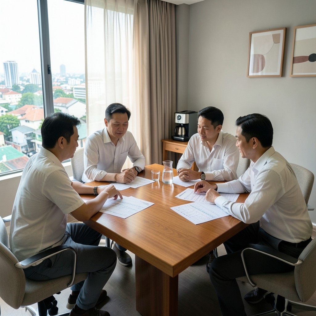 Small hotel team studying occupancy prints around a meeting table